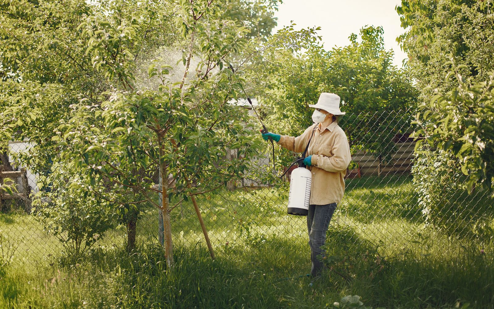 Technician in protective gear applying a treatment in a garden